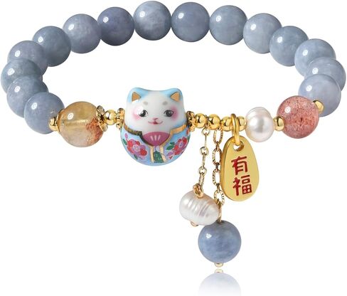 سوار لاكي كات للنساء - مجوهرات فنغ شوي للثروة والحماية مع خرز كريستال أزرق، قلادة قطة سيراميك، سوار سحر الحظ الجيد للطاقة الإيجابية in Kuwait