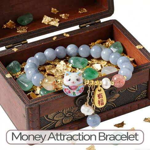 سوار لاكي كات للنساء - مجوهرات فنغ شوي للثروة والحماية مع خرز كريستال أزرق، قلادة قطة سيراميك، سوار سحر الحظ الجيد للطاقة الإيجابية in Kuwait