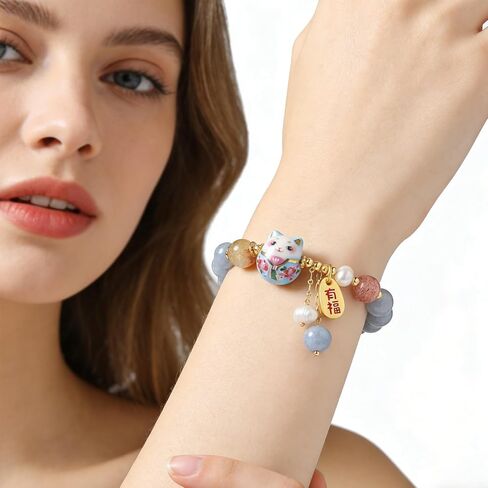 سوار لاكي كات للنساء - مجوهرات فنغ شوي للثروة والحماية مع خرز كريستال أزرق، قلادة قطة سيراميك، سوار سحر الحظ الجيد للطاقة الإيجابية in Kuwait