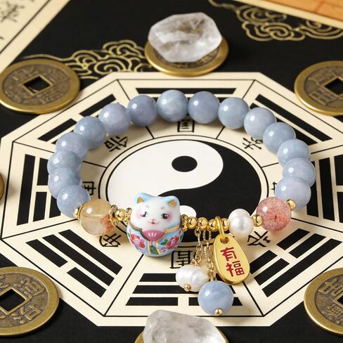 سوار لاكي كات للنساء - مجوهرات فنغ شوي للثروة والحماية مع خرز كريستال أزرق، قلادة قطة سيراميك، سوار سحر الحظ الجيد للطاقة الإيجابية in Kuwait