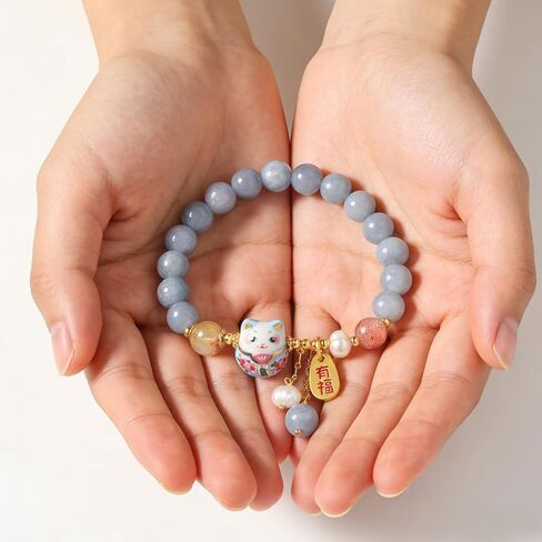 سوار لاكي كات للنساء - مجوهرات فنغ شوي للثروة والحماية مع خرز كريستال أزرق، قلادة قطة سيراميك، سوار سحر الحظ الجيد للطاقة الإيجابية in Kuwait