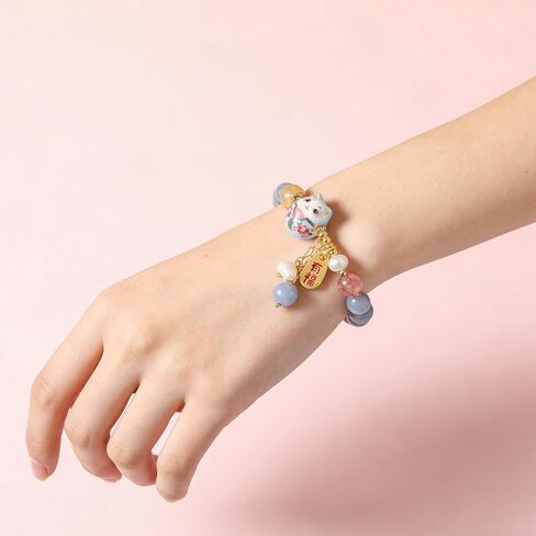 سوار لاكي كات للنساء - مجوهرات فنغ شوي للثروة والحماية مع خرز كريستال أزرق، قلادة قطة سيراميك، سوار سحر الحظ الجيد للطاقة الإيجابية in Kuwait