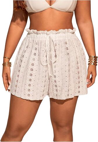 SHENHE Women's Plus Size Swim Cover Up Shorts Hollow Out Drawstring Beach Shorts Coverups in Saudi Arabia