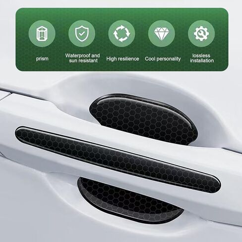 8 PCS Car Door Bowl and Handle Protectors, Honeycomb Shape Anti-scratch Paint Guard, Safety Warning Reflective Protective Film, Waterproof Self-adhesive Exterior Sticker Accessory (Black) in Saudi Arabia