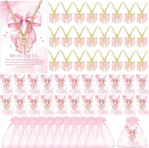 Kenning 24 Set 72 Pcs Galentines Coquette Pink Bow Party Favors Pink Bow Necklaces Gift Bulk Bowknot Necklace Jewelry Gifts with Thank You Card and Storage Bag for Cheer Team Birthday Gift in Saudi Arabia