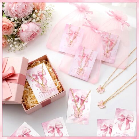 Kenning 24 Set 72 Pcs Galentines Coquette Pink Bow Party Favors Pink Bow Necklaces Gift Bulk Bowknot Necklace Jewelry Gifts with Thank You Card and Storage Bag for Cheer Team Birthday Gift in Saudi Arabia