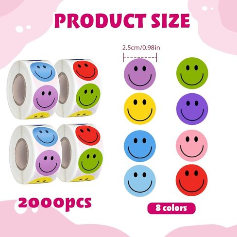 2000Pcs Smiley Face Stickers–4 Rolls (500/Roll) Happy Face Stickers Cute Small Reward Sticker for Kids Classroom,Teacher, Students, Home/Party, Motivational Decals in Kuwait