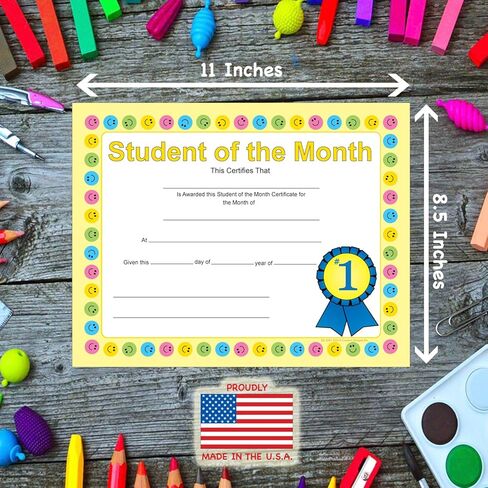 SHAPES ETC. 30pcs Student of The Month Recognition Certificates 11inx8.5in Colorful Award Kids Student Graduations Moving Up Ceremonies Achievement Days Banquets Academic Competitions USA Made in Saudi Arabia