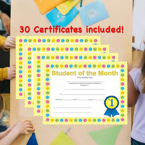 SHAPES ETC. 30pcs Student of The Month Recognition Certificates 11inx8.5in Colorful Award Kids Student Graduations Moving Up Ceremonies Achievement Days Banquets Academic Competitions USA Made in Saudi Arabia