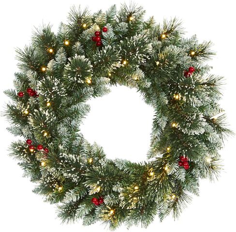 Nearly Natural 24in. Frosted Swiss Pine Artificial Wreath with 35 Clear LED Lights and Berries, Green, 5x24x24 in Saudi Arabia