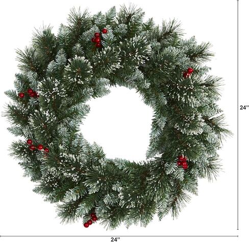 Nearly Natural 24in. Frosted Swiss Pine Artificial Wreath with 35 Clear LED Lights and Berries, Green, 5x24x24 in Saudi Arabia