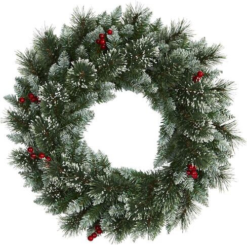 Nearly Natural 24in. Frosted Swiss Pine Artificial Wreath with 35 Clear LED Lights and Berries, Green, 5x24x24 in Saudi Arabia