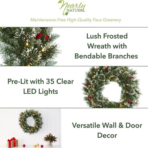 Nearly Natural 24in. Frosted Swiss Pine Artificial Wreath with 35 Clear LED Lights and Berries, Green, 5x24x24 in Saudi Arabia
