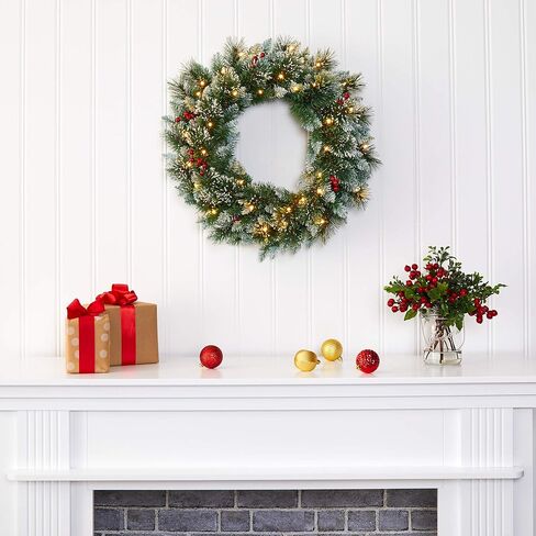 Nearly Natural 24in. Frosted Swiss Pine Artificial Wreath with 35 Clear LED Lights and Berries, Green, 5x24x24 in Saudi Arabia