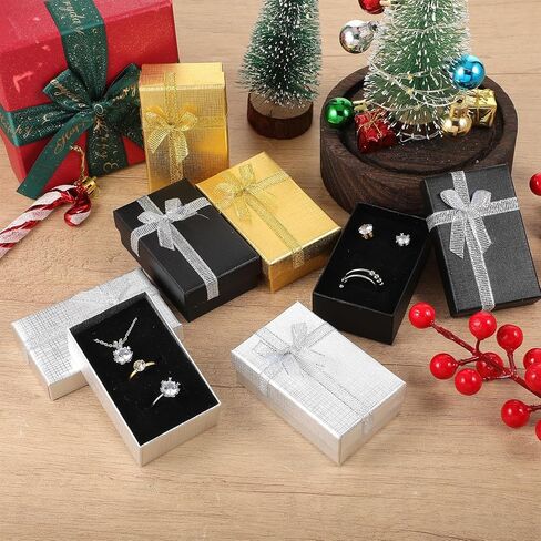 72 قطعة من صناديق المجوهرات السائبة، صندوق هدايا صغير من الورق المقوى مع شريط فيونكة للخواتم والأقراط وقلادة السوار، 3.1 × 2 × 1.1 بوصة، 3 ألوان لعيد الميلاد وعيد الميلاد وعيد الحب in Kuwait