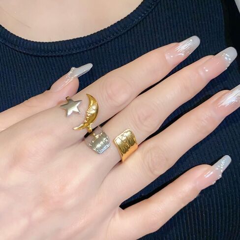LadayPoa Gold and Silver Statement Bands, 18K Gold Plated Two Tone Ring, Geometric Mixed Metal Ring for Women, Stainless Steel Minimalist Stackable Rings Stacking Jewelry in Saudi Arabia