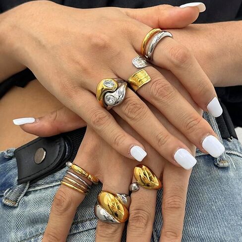 LadayPoa Gold and Silver Statement Bands, 18K Gold Plated Two Tone Ring, Geometric Mixed Metal Ring for Women, Stainless Steel Minimalist Stackable Rings Stacking Jewelry in Saudi Arabia