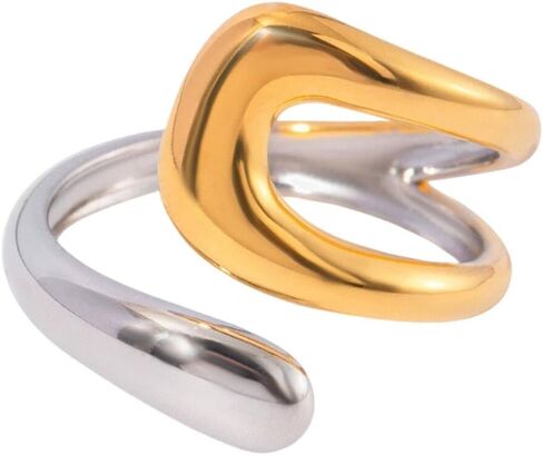 LadayPoa Gold and Silver Statement Bands, 18K Gold Plated Two Tone Ring, Geometric Mixed Metal Ring for Women, Stainless Steel Minimalist Stackable Rings Stacking Jewelry in Saudi Arabia