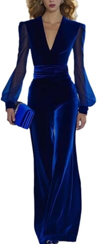 THLAI Sexy Velvet Jumpsuits for Women Deep V-Neck Bishop Mesh Sleeve Wide Leg Jumpsuits Elegant Party One Piece Outfits in Saudi Arabia