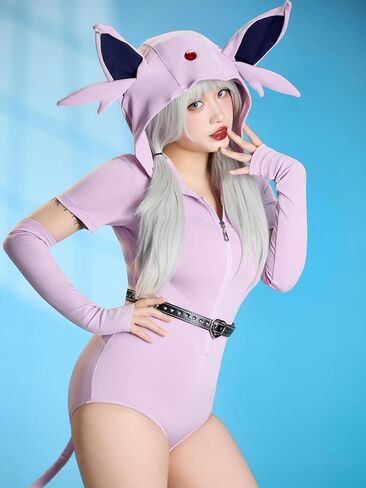 Mobbunny Women Anime Derivative Romper Onesie Bodysuit Sexy Lingerie Summer Hooded Homewear Jumpsuit with Tail in Saudi Arabia