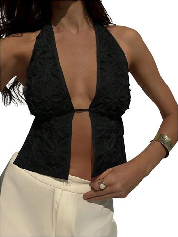 Women's Floral Applique Halter Top Tie Backless Sleeveless Cropped Shirt Going Out Tops in Saudi Arabia