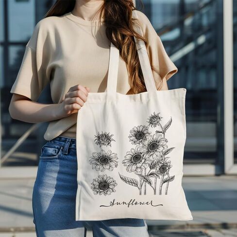 Botanical Sunflower Sketch Canvas Tote Bag, Vintage Sunflower Handbag, Black and White Botanical Design Reusable Shopping Bags, Shoulder Bag for Daily Use and Work in Saudi Arabia