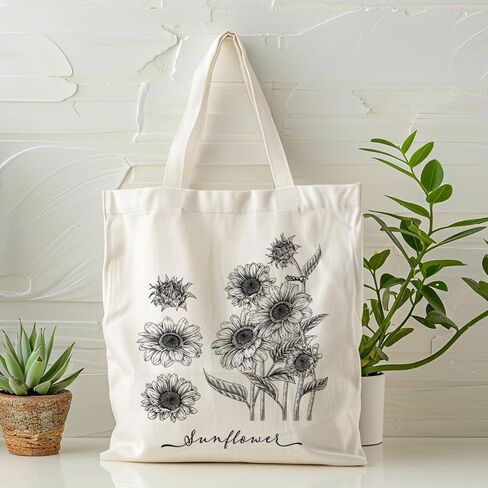 Botanical Sunflower Sketch Canvas Tote Bag, Vintage Sunflower Handbag, Black and White Botanical Design Reusable Shopping Bags, Shoulder Bag for Daily Use and Work in Saudi Arabia