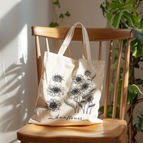 Botanical Sunflower Sketch Canvas Tote Bag, Vintage Sunflower Handbag, Black and White Botanical Design Reusable Shopping Bags, Shoulder Bag for Daily Use and Work in Saudi Arabia
