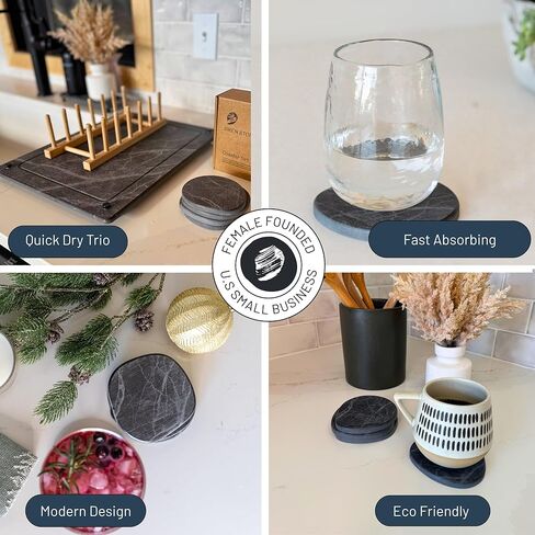 Coaster Set of 4 - Diatomaceous Earth Absorbent Coasters for Drinks | Quick Dry, Super Absorbent | Coffee Table, Bar & Home Decor | Non-Toxic, BPA-Free | Female Founded USA Brand Brand in Saudi Arabia