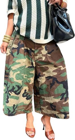 Women's Barrel Camo Pants Y2k Baggy Camouflage Army Fatigue Cargo Jorts Wide Leg Bermuda Cropped Trousers Streetwear in Kuwait