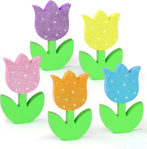 زخارف الربيع الزنبق علامة خشبية ديكور الجدول، 5 قطع بريق خشبي الربيع الزنبق الزهور علامة مزرعة الزهور كتلة الجدول محور للمنزل عيد الفصح صينية عباءة الجرف ديكور المكتب in Kuwait