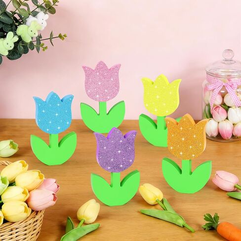 زخارف الربيع الزنبق علامة خشبية ديكور الجدول، 5 قطع بريق خشبي الربيع الزنبق الزهور علامة مزرعة الزهور كتلة الجدول محور للمنزل عيد الفصح صينية عباءة الجرف ديكور المكتب in Kuwait