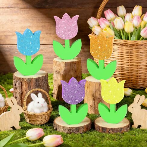 زخارف الربيع الزنبق علامة خشبية ديكور الجدول، 5 قطع بريق خشبي الربيع الزنبق الزهور علامة مزرعة الزهور كتلة الجدول محور للمنزل عيد الفصح صينية عباءة الجرف ديكور المكتب in Kuwait