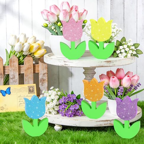 زخارف الربيع الزنبق علامة خشبية ديكور الجدول، 5 قطع بريق خشبي الربيع الزنبق الزهور علامة مزرعة الزهور كتلة الجدول محور للمنزل عيد الفصح صينية عباءة الجرف ديكور المكتب in Kuwait