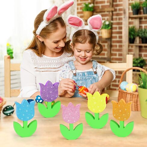 زخارف الربيع الزنبق علامة خشبية ديكور الجدول، 5 قطع بريق خشبي الربيع الزنبق الزهور علامة مزرعة الزهور كتلة الجدول محور للمنزل عيد الفصح صينية عباءة الجرف ديكور المكتب in Kuwait