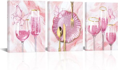 sechars 3 Pieces Set Kitchen Wall Decor Pink Wine Glass Wall Art Gold Utensils Canvas Prints Modern Dining Room Pictures (Pink) in Kuwait
