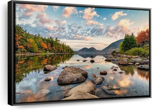 Elephant Stock Sunrise In Jordan Pond In Acadia Wall Art - Horizontal Floating Framed Canvas - 1-Piece Living Room Wall Decor - Photography Nature Canvas Print - Blue and Orange Decor for Wall by Scott Stulberg - 19" X 13" in Kuwait