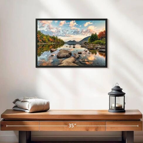 Elephant Stock Sunrise In Jordan Pond In Acadia Wall Art - Horizontal Floating Framed Canvas - 1-Piece Living Room Wall Decor - Photography Nature Canvas Print - Blue and Orange Decor for Wall by Scott Stulberg - 19" X 13" in Kuwait