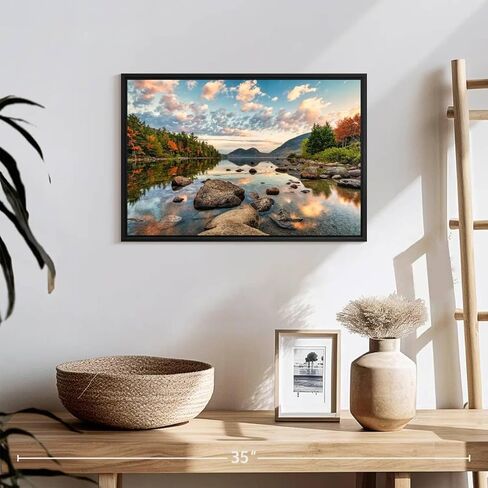 Elephant Stock Sunrise In Jordan Pond In Acadia Wall Art - Horizontal Floating Framed Canvas - 1-Piece Living Room Wall Decor - Photography Nature Canvas Print - Blue and Orange Decor for Wall by Scott Stulberg - 19" X 13" in Kuwait