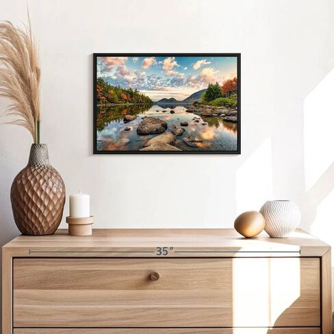 Elephant Stock Sunrise In Jordan Pond In Acadia Wall Art - Horizontal Floating Framed Canvas - 1-Piece Living Room Wall Decor - Photography Nature Canvas Print - Blue and Orange Decor for Wall by Scott Stulberg - 19" X 13" in Kuwait