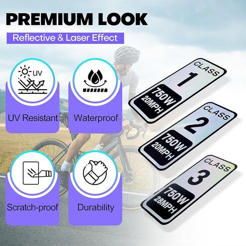 Ebike Class 3 Stickers 750W 28MPH- 4 PCS Colorful Reflective Vinyl Decal (2.5 x 1.2 Inch) - Powersports Decal for Electric Bike Classification in Kuwait