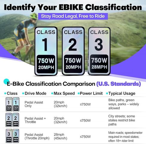 Ebike Class 3 Stickers 750W 28MPH- 4 PCS Colorful Reflective Vinyl Decal (2.5 x 1.2 Inch) - Powersports Decal for Electric Bike Classification in Kuwait