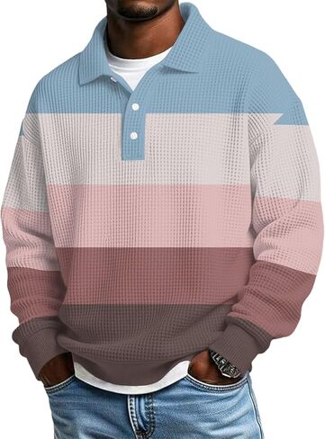 Shirts for Men Long Sleeve Polo Button Collared Shirt Color Block Casual Workout Loose Fit Oversized Golf Tops in Saudi Arabia