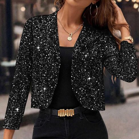 Jackets For Women Sparkly Glitter Open Front Tops Cropped Blazer 3/4 Sleeve Cardigan Lightweight Holiday Jacket in Saudi Arabia