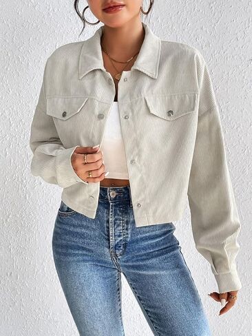 Women Corduroy Jacket Lapel Collar Button Down Coat Casual Short Outerwear With Pockets Solid Shacket for Work Daily Travel in Saudi Arabia