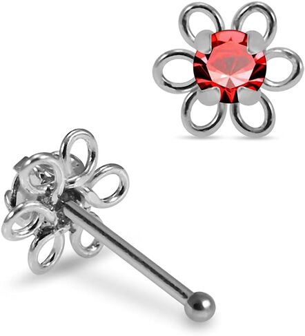Crystal Stone Filigree Flower 22 Gauge 925 Sterling Silver Ball End Nose Pin - Nose Stud - Tiny Nose Ring - Nose Piercing Body Jewelry in Saudi Arabia