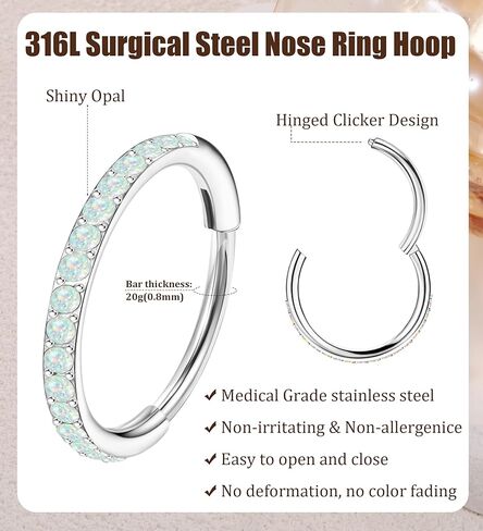 MJust Opal Nose Hoops for Women Men - 316L Surgical Steel Hinged Nose Rings 20G Clicker Septum Nose Ring Lip Helix Cartilage Hoop Earring Daith Rook Conch Body Piercing Jewelry 6MM 7MM 8MM 10MM in Saudi Arabia