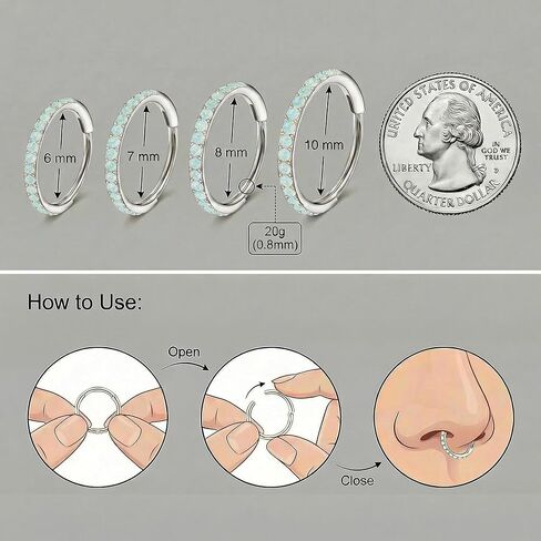 MJust Opal Nose Hoops for Women Men - 316L Surgical Steel Hinged Nose Rings 20G Clicker Septum Nose Ring Lip Helix Cartilage Hoop Earring Daith Rook Conch Body Piercing Jewelry 6MM 7MM 8MM 10MM in Saudi Arabia