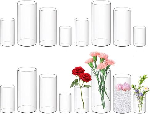12 Pack Plastic Cylinder Vases, 4 6 8 10 Inch Tall Acrylic Cylinder Clear Flower Vase Set Bulk Glass Like Large Round Plastic Vases for Centerpiece Wedding Home Office (12) in Saudi Arabia