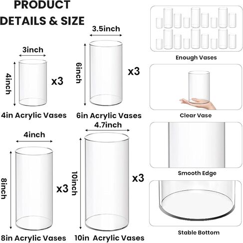 12 Pack Plastic Cylinder Vases, 4 6 8 10 Inch Tall Acrylic Cylinder Clear Flower Vase Set Bulk Glass Like Large Round Plastic Vases for Centerpiece Wedding Home Office (12) in Saudi Arabia